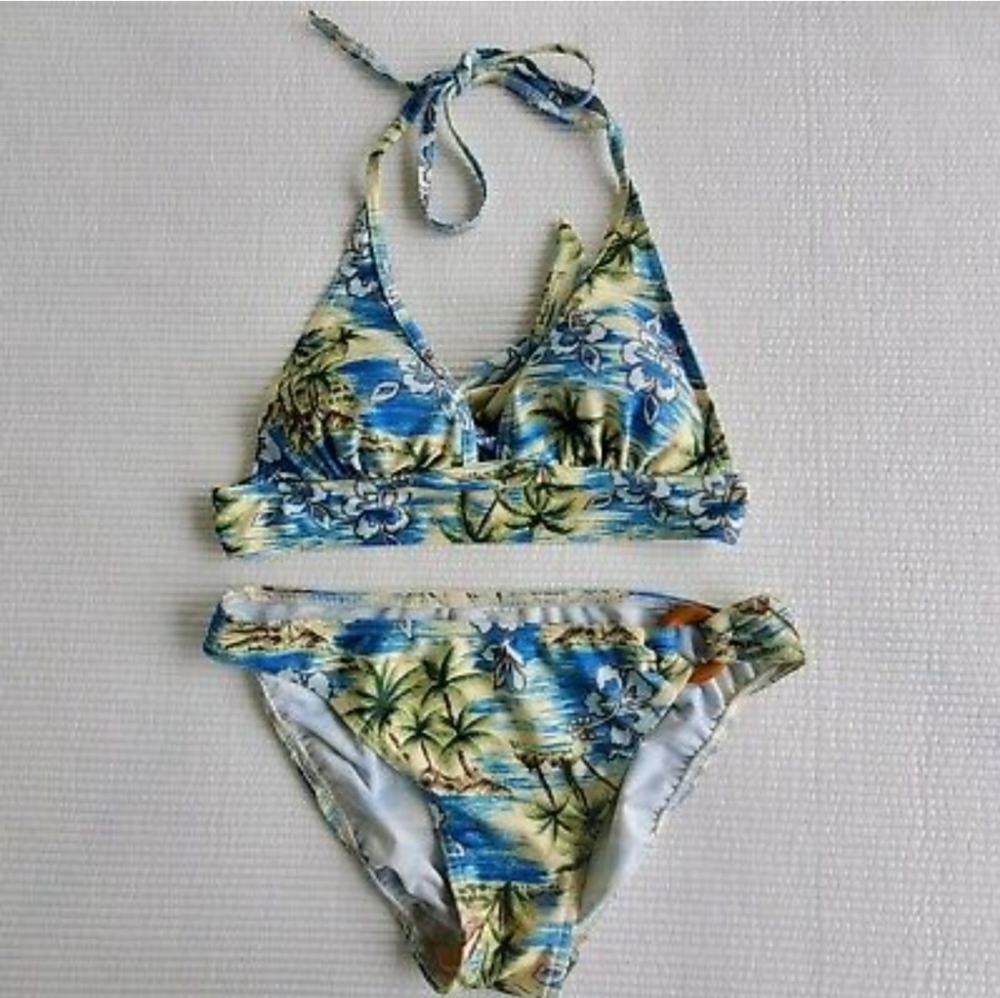 Sears ? Bathing Swim Suit Bikini 2 Piece Women's 8 Ties Green Floral Y2K 2000s